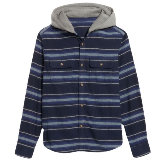Old Navy Blue/Gray Striped Fleece Hooded Button Down - Picture 1 of 3